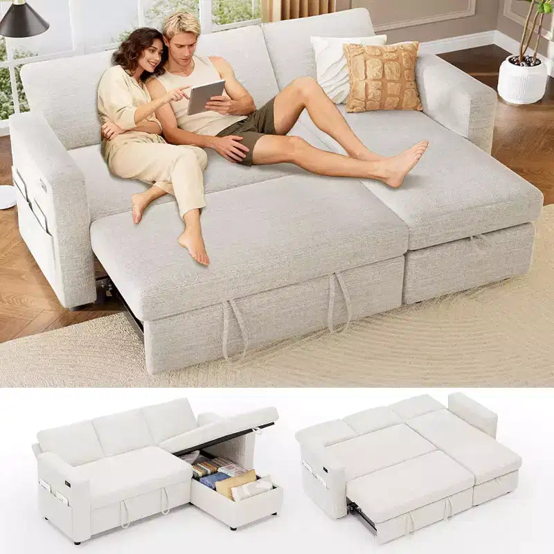 Canapé-lit d'angle réversible Dyonery 81 avec lit gigogne 4 en 1, coffre de rangement, ports USB et poches latérales pour salon