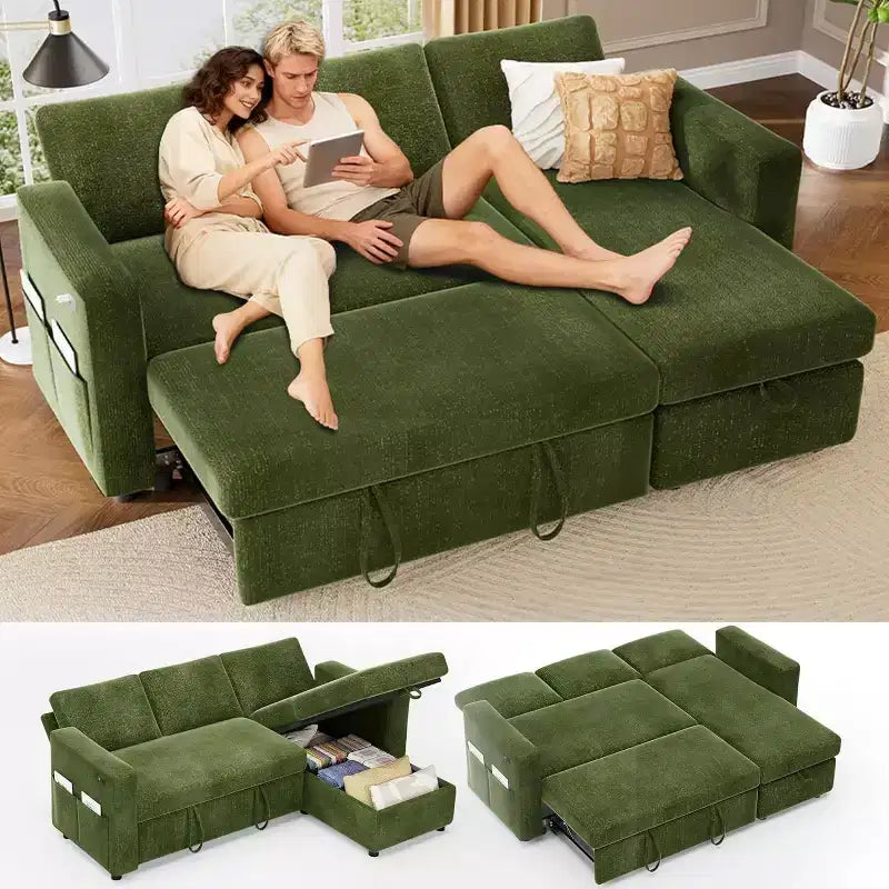 Canapé-lit d'angle réversible Dyonery 81 avec lit gigogne 4 en 1, coffre de rangement, ports USB et poches latérales pour salon