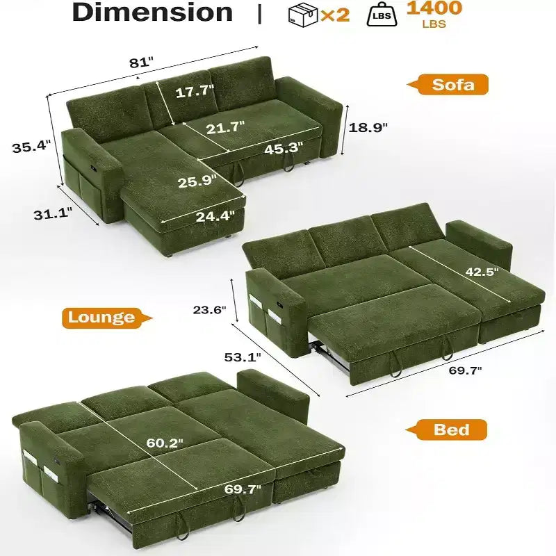 Canapé-lit d'angle réversible Dyonery 81 avec lit gigogne 4 en 1, coffre de rangement, ports USB et poches latérales pour salon