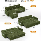 Canapé-lit d'angle réversible Dyonery 81 avec lit gigogne 4 en 1, coffre de rangement, ports USB et poches latérales pour salon