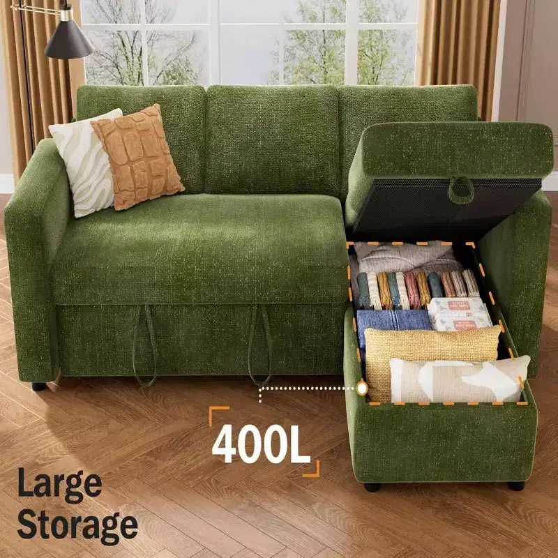 Canapé-lit d'angle réversible Dyonery 81 avec lit gigogne 4 en 1, coffre de rangement, ports USB et poches latérales pour salon