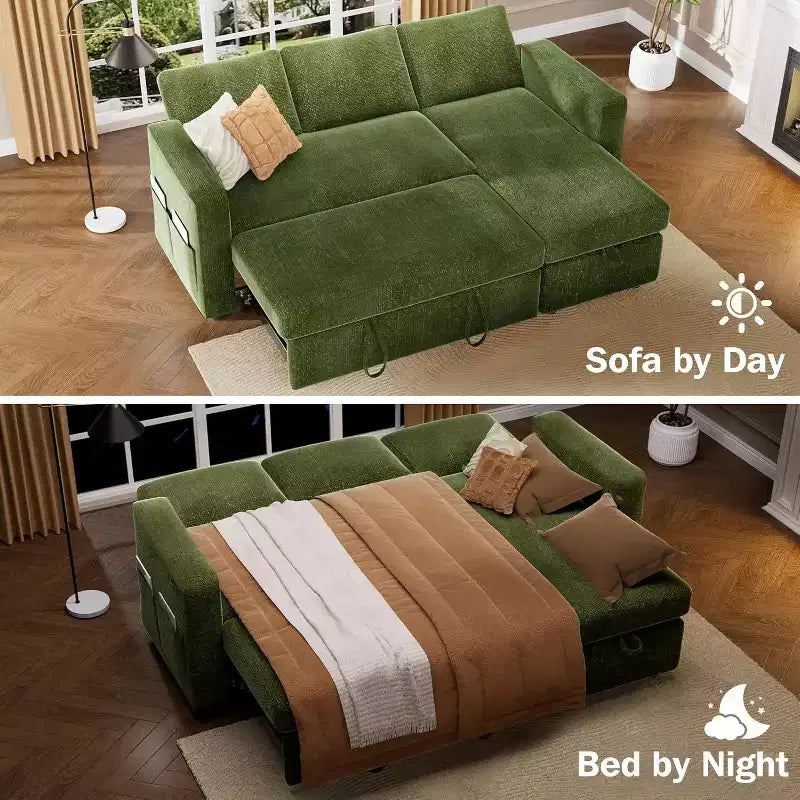 Canapé-lit d'angle réversible Dyonery 81 avec lit gigogne 4 en 1, coffre de rangement, ports USB et poches latérales pour salon