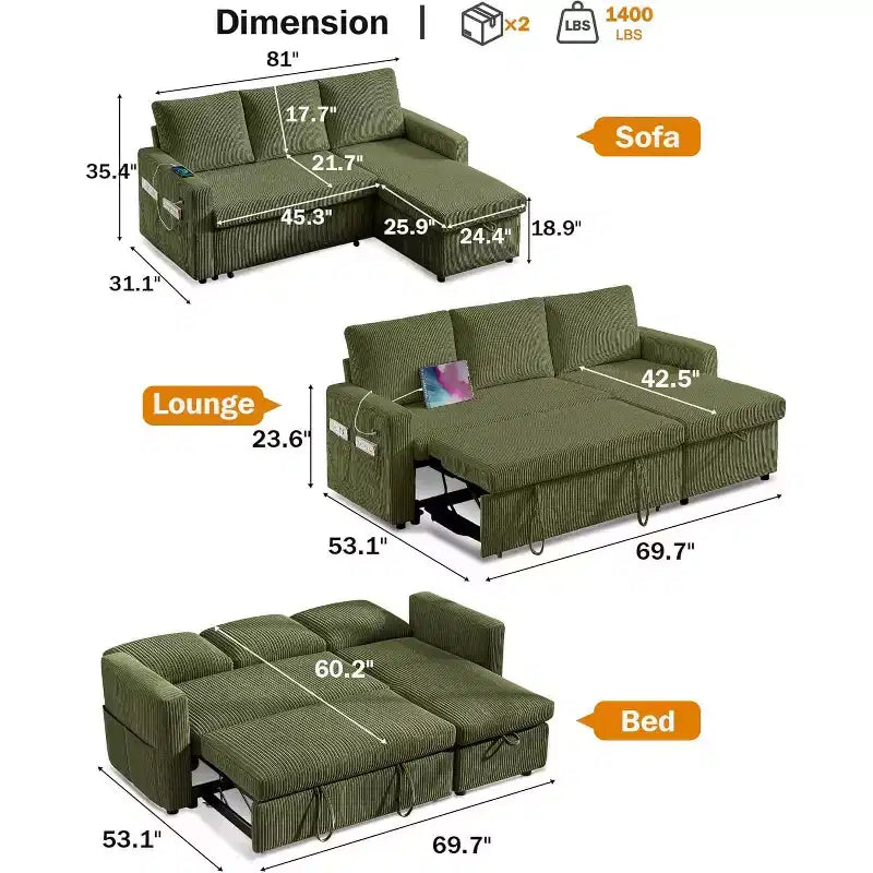 Canapé-lit d'angle réversible Dyonery 81 avec lit gigogne 4 en 1, coffre de rangement, ports USB et poches latérales pour salon