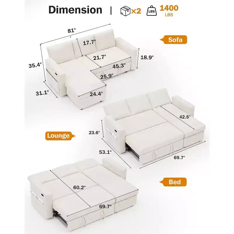 Canapé-lit d'angle réversible Dyonery 81 avec lit gigogne 4 en 1, coffre de rangement, ports USB et poches latérales pour salon