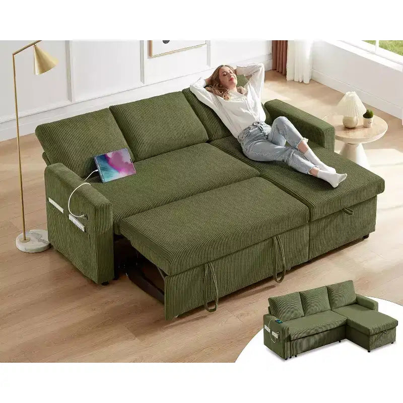 Canapé-lit d'angle réversible Dyonery 81 avec lit gigogne 4 en 1, coffre de rangement, ports USB et poches latérales pour salon