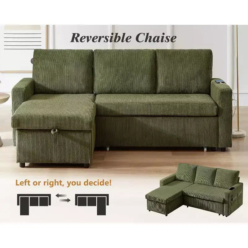 Canapé-lit d'angle réversible Dyonery 81 avec lit gigogne 4 en 1, coffre de rangement, ports USB et poches latérales pour salon