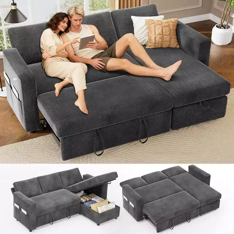 Canapé-lit d'angle réversible Dyonery 81 avec lit gigogne 4 en 1, coffre de rangement, ports USB et poches latérales pour salon