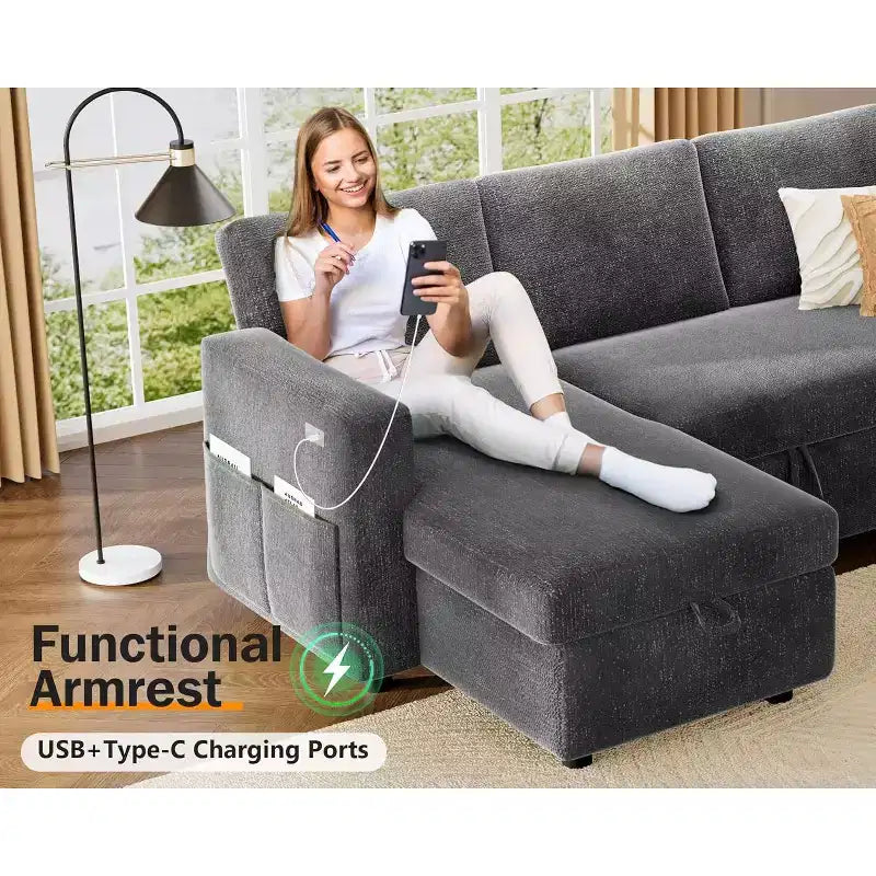 Canapé-lit d'angle réversible Dyonery 81 avec lit gigogne 4 en 1, coffre de rangement, ports USB et poches latérales pour salon