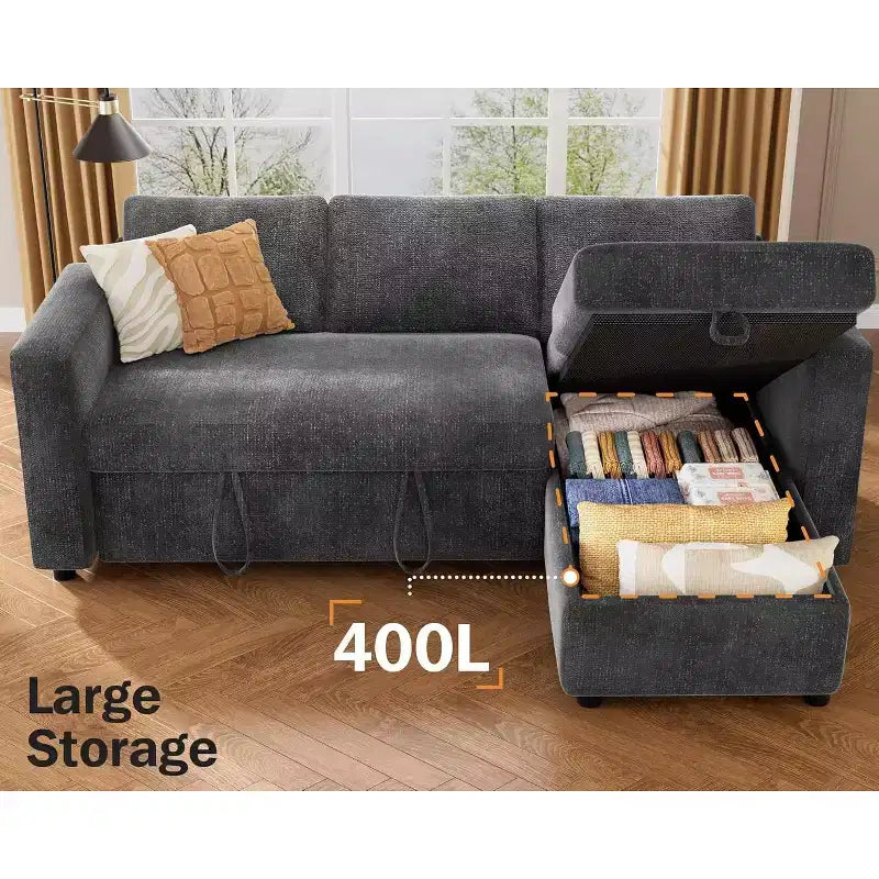 Canapé-lit d'angle réversible Dyonery 81 avec lit gigogne 4 en 1, coffre de rangement, ports USB et poches latérales pour salon