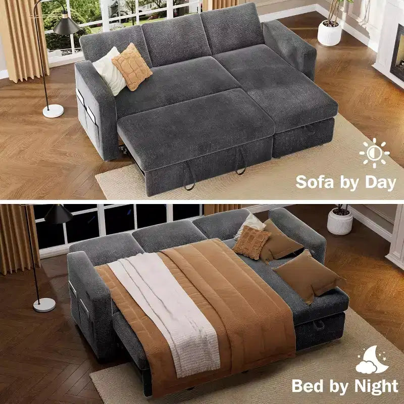 Canapé-lit d'angle réversible Dyonery 81 avec lit gigogne 4 en 1, coffre de rangement, ports USB et poches latérales pour salon