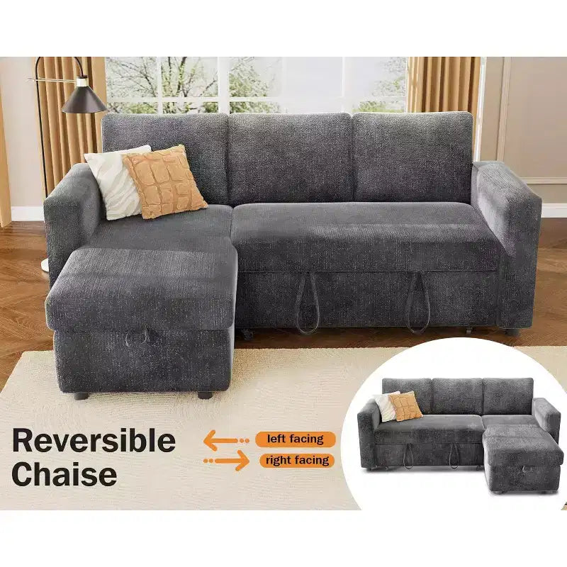 Canapé-lit d'angle réversible Dyonery 81 avec lit gigogne 4 en 1, coffre de rangement, ports USB et poches latérales pour salon