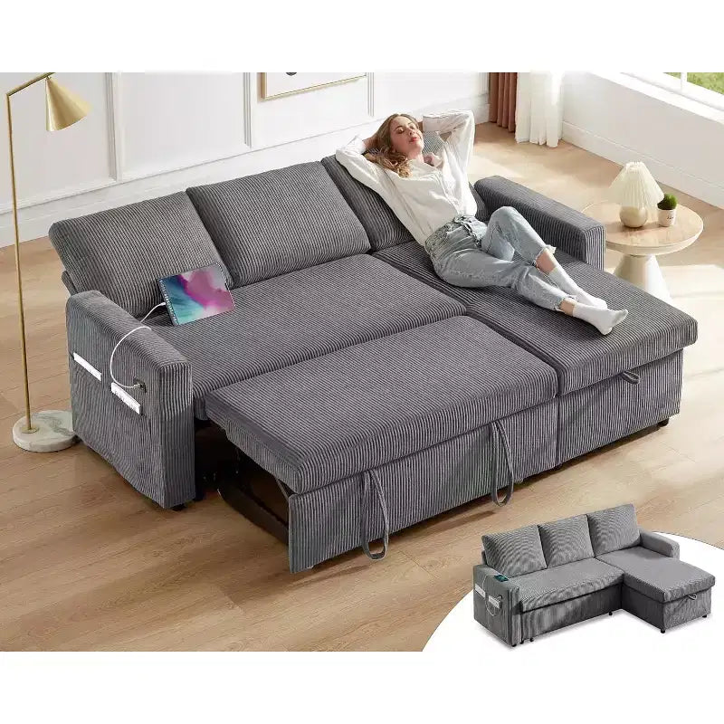 Canapé-lit d'angle réversible Dyonery 81 avec lit gigogne 4 en 1, coffre de rangement, ports USB et poches latérales pour salon