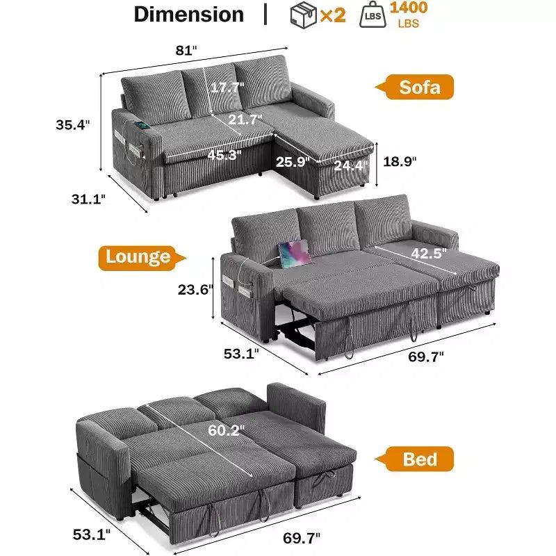 Canapé-lit d'angle réversible Dyonery 81 avec lit gigogne 4 en 1, coffre de rangement, ports USB et poches latérales pour salon