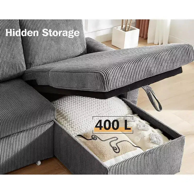 Canapé-lit d'angle réversible Dyonery 81 avec lit gigogne 4 en 1, coffre de rangement, ports USB et poches latérales pour salon
