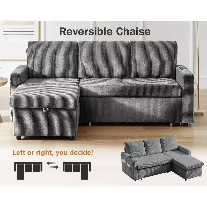 Canapé-lit d'angle réversible Dyonery 81 avec lit gigogne 4 en 1, coffre de rangement, ports USB et poches latérales pour salon