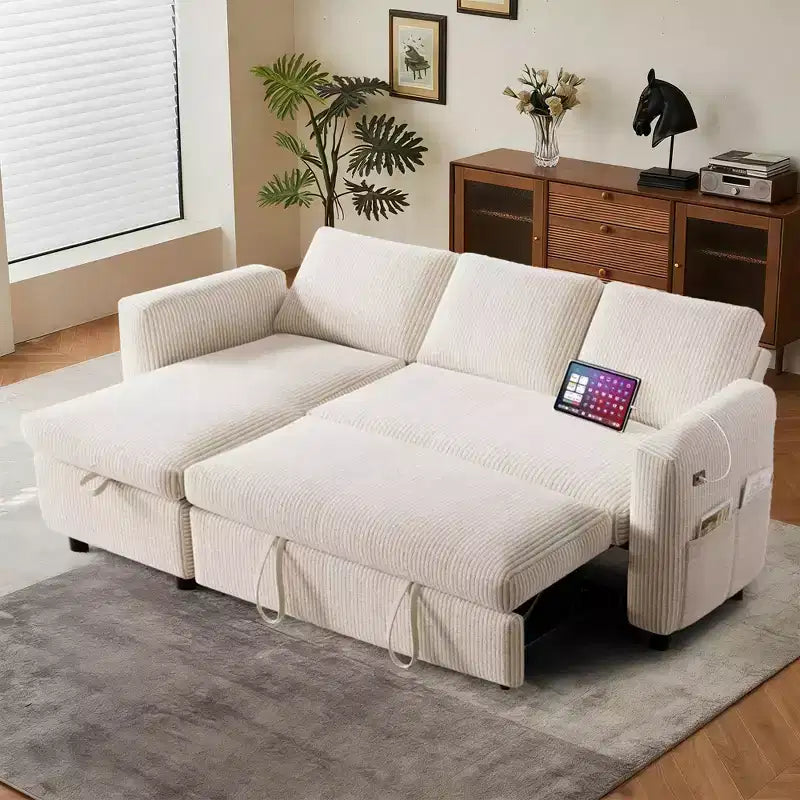 Canapé-lit d'angle réversible Dyonery 81 avec lit gigogne 4 en 1, coffre de rangement, ports USB et poches latérales pour salon