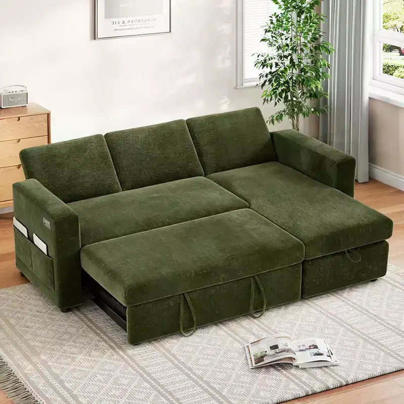 Canapé-lit d'angle réversible Dyonery 81 avec lit gigogne 4 en 1, coffre de rangement, ports USB et poches latérales pour salon