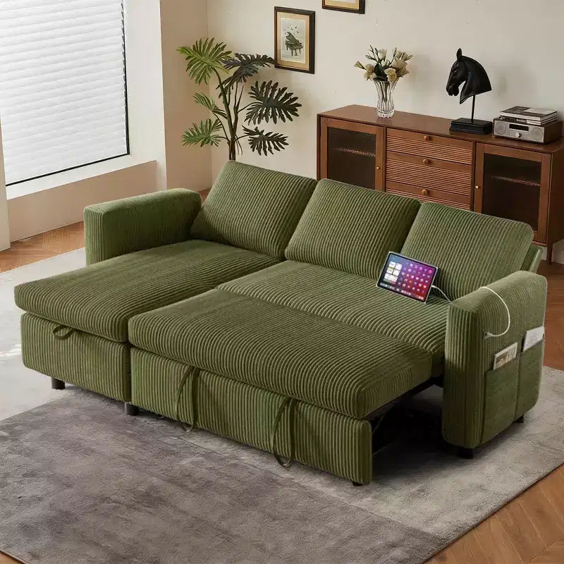 Canapé-lit d'angle réversible Dyonery 81 avec lit gigogne 4 en 1, coffre de rangement, ports USB et poches latérales pour salon