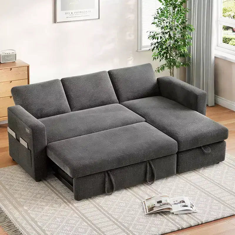 Canapé-lit d'angle réversible Dyonery 81 avec lit gigogne 4 en 1, coffre de rangement, ports USB et poches latérales pour salon