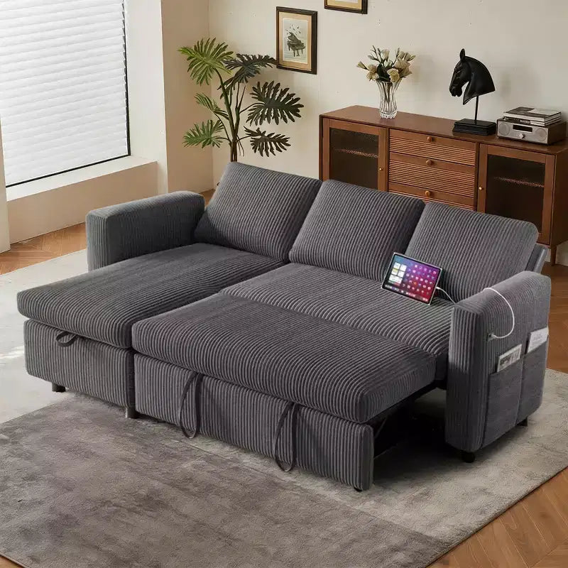 Canapé-lit d'angle réversible Dyonery 81 avec lit gigogne 4 en 1, coffre de rangement, ports USB et poches latérales pour salon