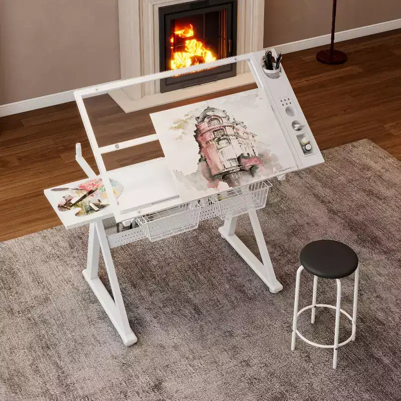 JVNOXK Table à dessin et d'impression à manivelle réglable en verre trempé avec chaise et espace de rangement pour salon, bureau, chambre (blanc)