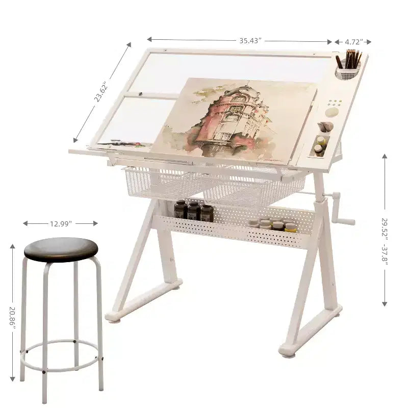 JVNOXK Table à dessin et d'impression à manivelle réglable en verre trempé avec chaise et espace de rangement pour salon, bureau, chambre (blanc)