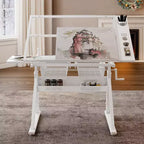 JVNOXK Table à dessin et d'impression à manivelle réglable en verre trempé avec chaise et espace de rangement pour salon, bureau, chambre (blanc)