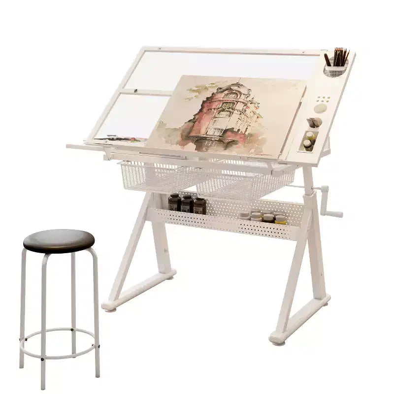 JVNOXK Table à dessin et d'impression à manivelle réglable en verre trempé avec chaise et espace de rangement pour salon, bureau, chambre (blanc)