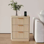 Table de Chevet Cannelée Naturelle, Lot de 2, Tables de Nuit Modernes de Style Ferme avec Station de Recharge et 3 Tiroirs de Rangement (Style Mid-Century)