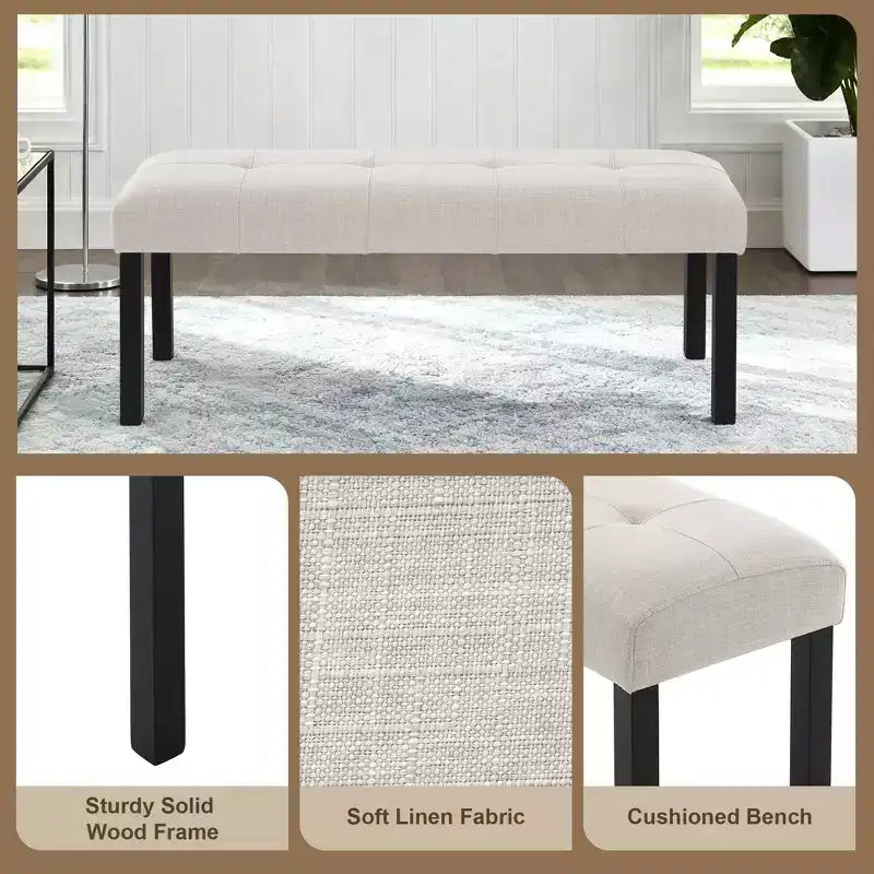 TUYOHW Banc moderne en lin avec capitonnage, banquette polyvalente pour table à manger avec pieds en bois, banc de bout de lit de style ferme pour salon, chambre à coucher