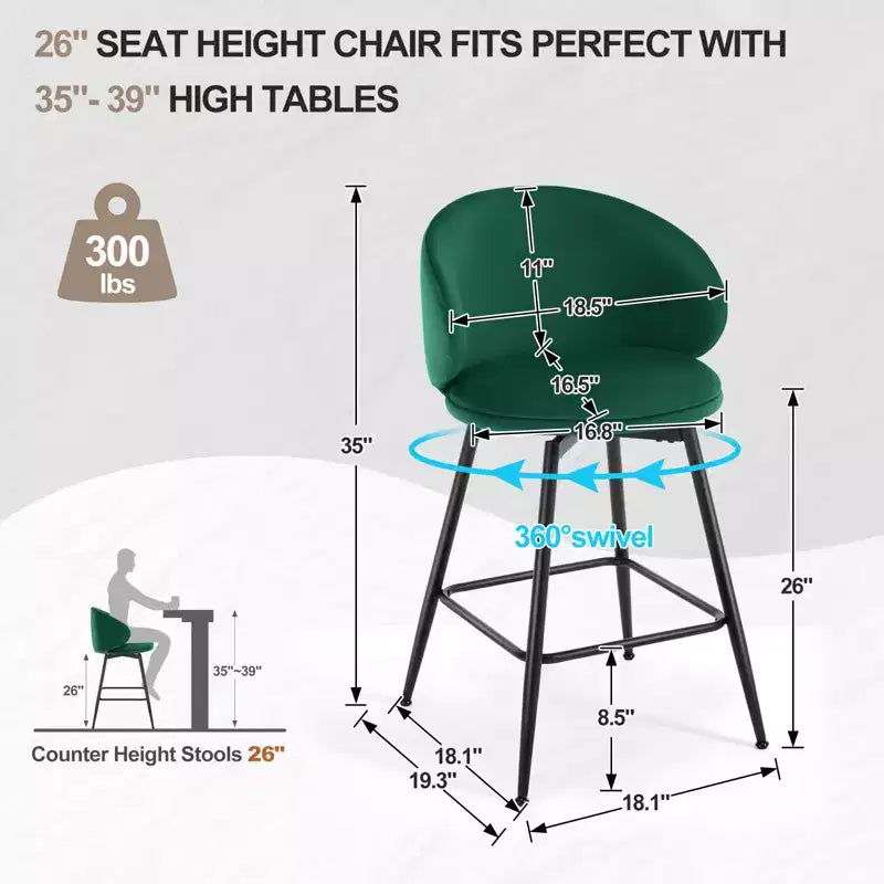 Bekrvio Tabourets de Bar Pivotants Hauteur Comptoir Lot de 2/3/4, Tabourets de Bar en Velours de 26 po avec Dossier Courbé, Pieds en Métal, Chaises de Bar Modernes pour Îlot de Cuisine