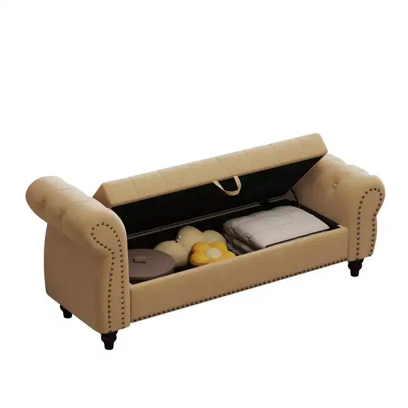 MAYEERTY 64.5 Banc de lit pour chambre à coucher, Chaise longue capitonnée avec rangement, Revêtement en velours Kaki
