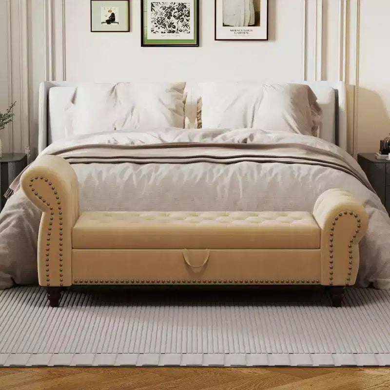 MAYEERTY 64.5 Banc de lit pour chambre à coucher, Chaise longue capitonnée avec rangement, Revêtement en velours Kaki
