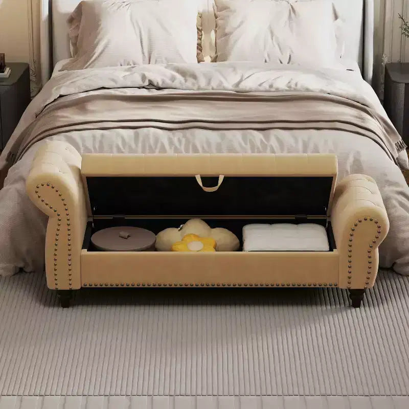 MAYEERTY 64.5 Banc de lit pour chambre à coucher, Chaise longue capitonnée avec rangement, Revêtement en velours Kaki
