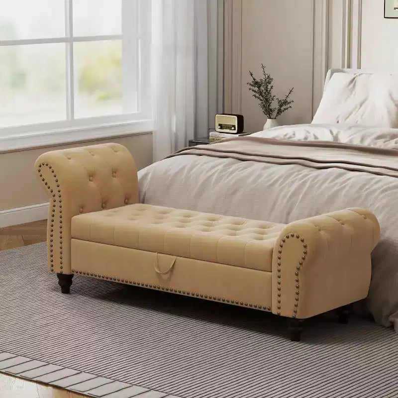 MAYEERTY 64.5 Banc de lit pour chambre à coucher, Chaise longue capitonnée avec rangement, Revêtement en velours Kaki