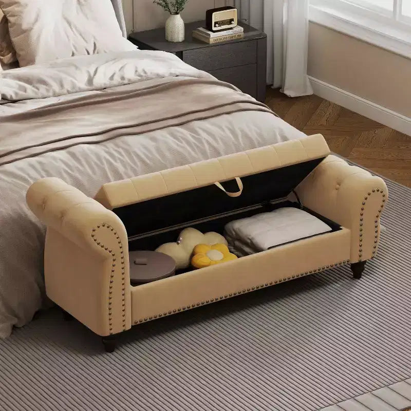MAYEERTY 64.5 Banc de lit pour chambre à coucher, Chaise longue capitonnée avec rangement, Revêtement en velours Kaki