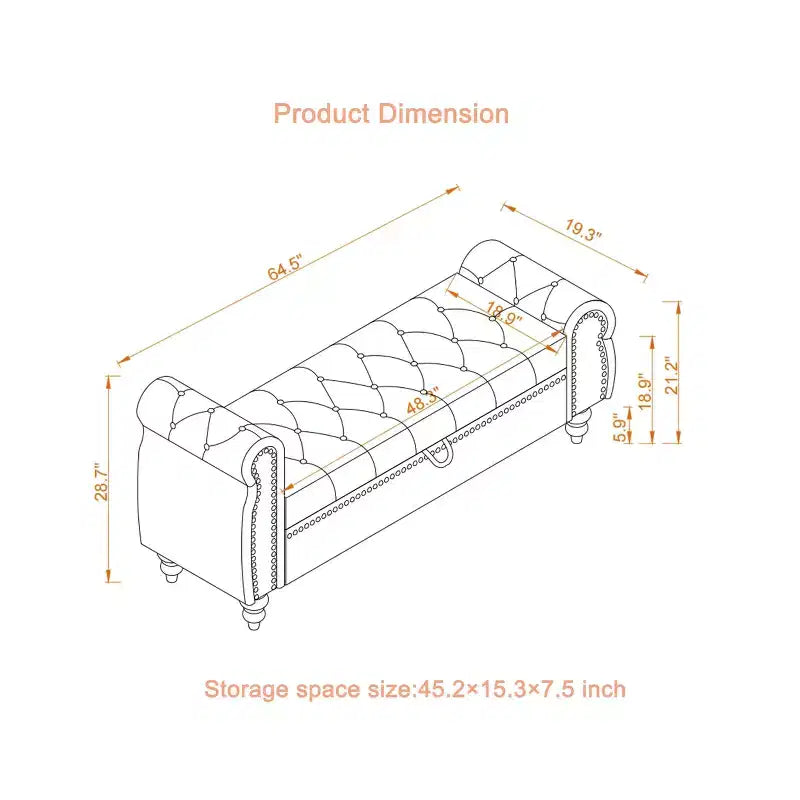 MAYEERTY 64.5 Banc de lit pour chambre à coucher, Chaise longue capitonnée avec rangement, Revêtement en velours Kaki
