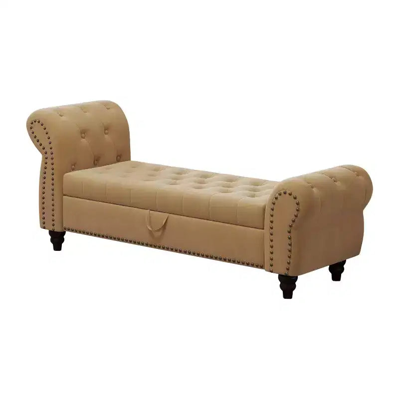 MAYEERTY 64.5 Banc de lit pour chambre à coucher, Chaise longue capitonnée avec rangement, Revêtement en velours Kaki