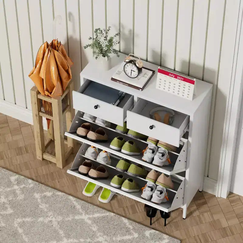 Meuble à chaussures autoportant fin en métal TUYOHW avec tiroirs rabattables et classiques, porte-chaussures anti-basculement, organiseur de chaussures multifonctionnel pour entrée