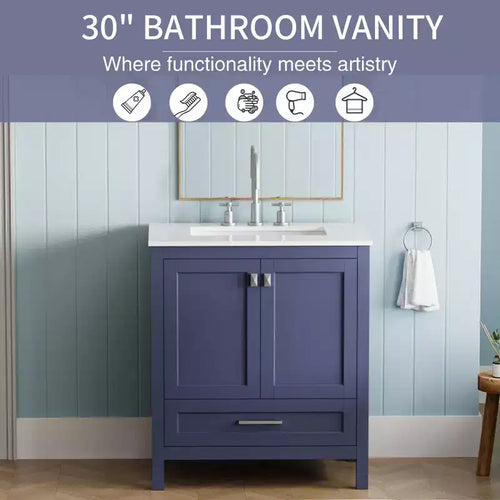 Meuble-lavabo de salle de bain de 76 cm avec évier, armoire autoportante à double porte avec 1 tiroir et plan de travail en surface solide, entièrement assemblé pour la maison ou l'appartement