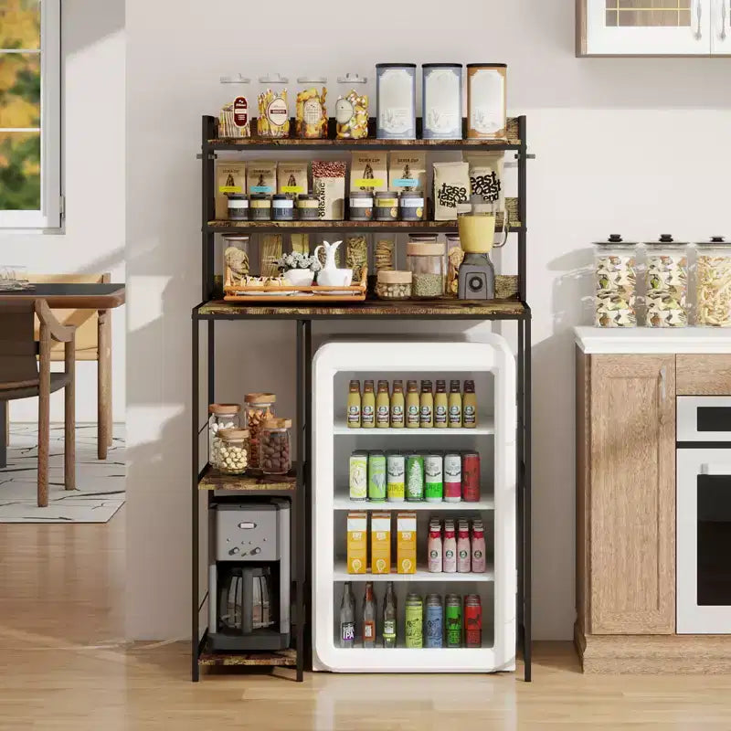 Mini Fridge Stand With Storage Shelves, Space Saving Mini Fridge Cabinet, Adjustable Left/Right Organizer With Power Outlet
