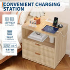 Table de chevet cannelée Oak-1 23, table d'appoint de style Mid-Century avec station de recharge et 2 tiroirs