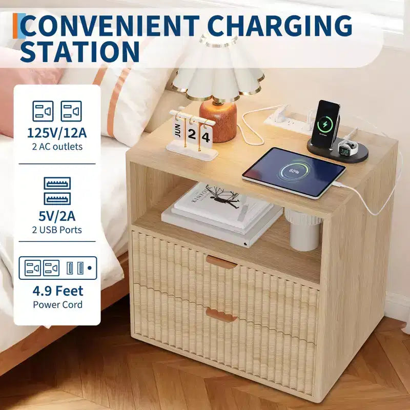 Table de chevet cannelée Oak-1 23, table d'appoint de style Mid-Century avec station de recharge et 2 tiroirs