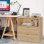 Table de chevet cannelée Oak-1 23, table d'appoint de style Mid-Century avec station de recharge et 2 tiroirs