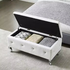 Storage Bench with Faux Leather Cushion, White Upholstered Bench with Crystal Buttons & Metal Legs for Living Room Bedroom