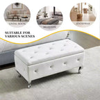 Banc de rangement avec coussin en similicuir, banc capitonné blanc avec boutons en cristal et pieds en métal pour salon et chambre à coucher.