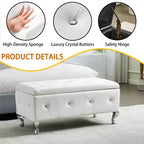 Banc de rangement avec coussin en similicuir, banc capitonné blanc avec boutons en cristal et pieds en métal pour salon et chambre à coucher.