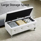 Banc de rangement avec coussin en similicuir, banc capitonné blanc avec boutons en cristal et pieds en métal pour salon et chambre à coucher.