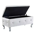 Banc de rangement avec coussin en similicuir, banc capitonné blanc avec boutons en cristal et pieds en métal pour salon et chambre à coucher.