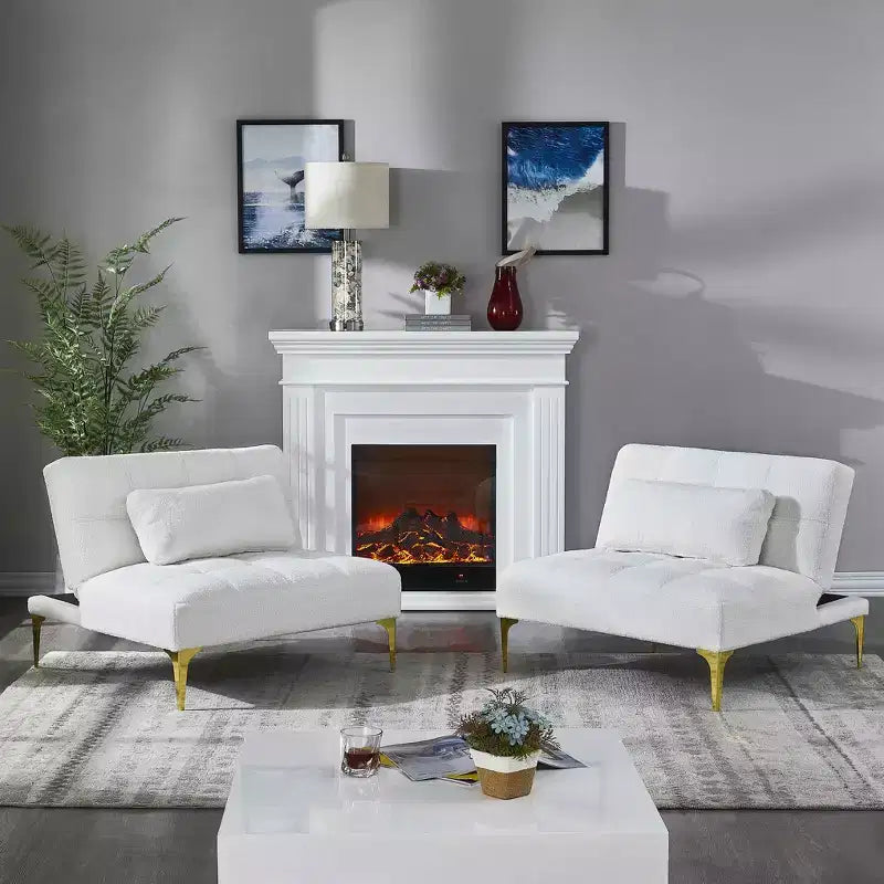 MAYEERTY Canapé Futon Confortable en Tissu Teddy avec Pieds en Métal Doré, Mousse et Ressorts pour Salon Blanc